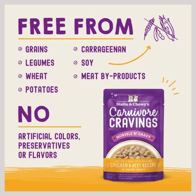 Show full view: Stella & Chewy's Carnivore Cravings Morsels'N'Gravy Chicken & Beef Recipe Cat Food, 2.8-oz pouch, case of 12 slide 4 of 11