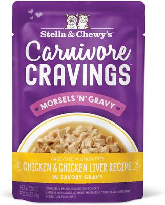 Show full view: Stella & Chewy's Carnivore Cravings Morsels'N'Gravy Chicken & Chicken Liver Recipe Cat Food, 2.8-oz pouch, case of 12 slide 1 of 11