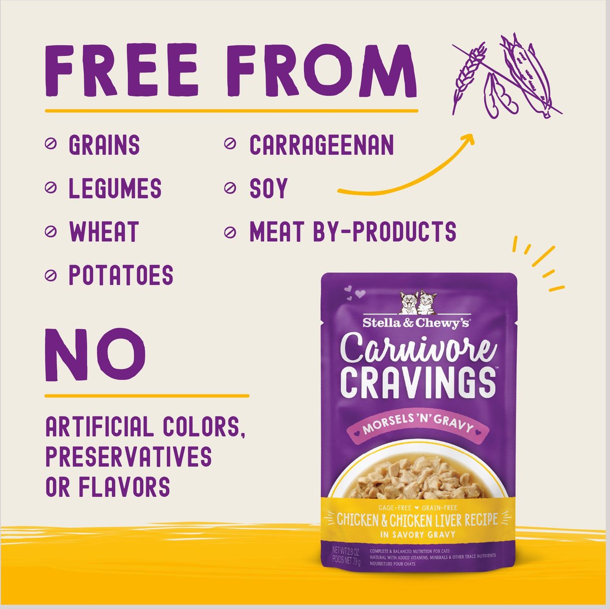 Stella & Chewy's Carnivore Cravings Morsels'N'Gravy Chicken & Chicken Liver Recipe Cat Food, 2.8-oz pouch, case of 12
