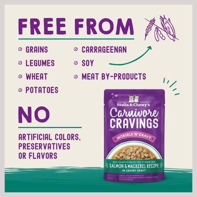 Show full view: Stella & Chewy's Carnivore Cravings Morsels'N'Gravy Salmon & Mackerel Recipe Cat Food, 2.8-oz pouch, case of 12 slide 7 of 10