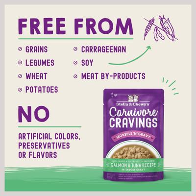 Show full view: Stella & Chewy's Carnivore Cravings Morsels'N'Gravy Salmon & Tuna Recipe Cat Food, 2.8-oz pouch, case of 12 slide 7 of 11