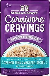 Stella & Chewy's Carnivore Cravings Salmon, Tuna & Mackerel Flavored Shredded Wet Cat Food, 2.8-oz pouch, case of 24