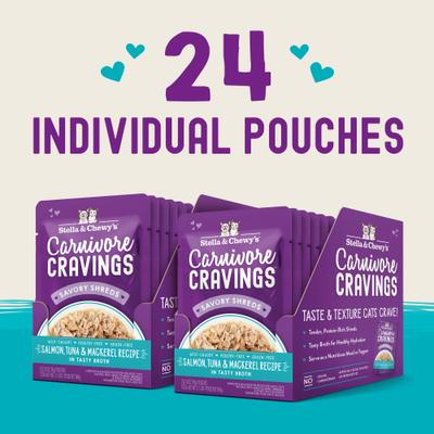 Show full view: Stella & Chewy's Carnivore Cravings Salmon, Tuna & Mackerel Flavored Shredded Wet Cat Food, 2.8-oz pouch, case of 24 slide 7 of 11