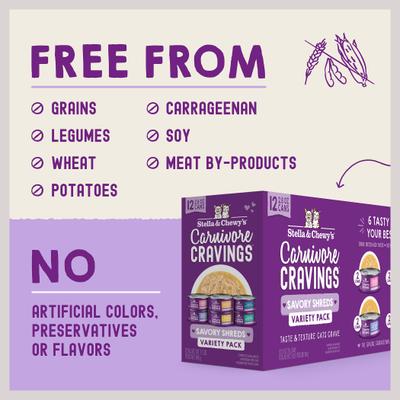 Show full view: Stella & Chewy's Carnivore Cravings Savory Shreds Variety Pack Cat Food, 2.8-oz can, case of 12 slide 8 of 11