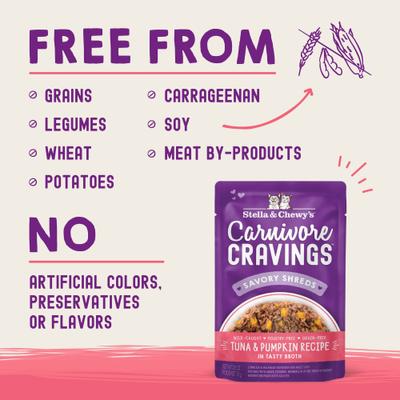 Show full view: Stella & Chewy's Carnivore Cravings Tuna & Pumpkin Flavored Shredded Wet Cat Food, 2.8-oz pouch, case of 24 slide 4 of 11