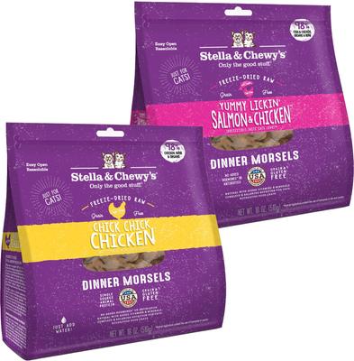 Show full view: Stella & Chewy's Chick Chick Chicken Dinner Morsels Freeze-Dried Raw Food + Yummy Lickin' Salmon & Chicken Dinner Morsels Freeze-Dried Raw Cat Food slide 1 of 9