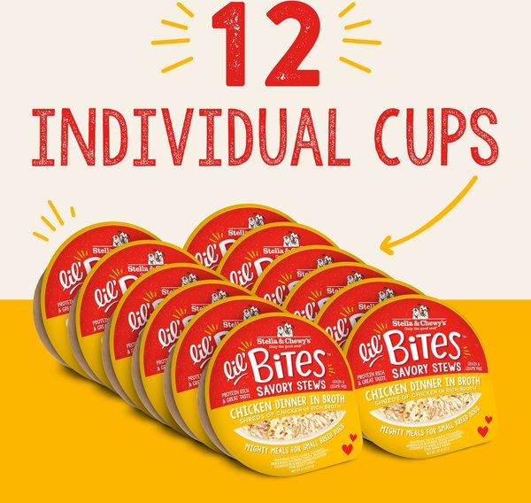 Stella & Chewy's Lil Bites Savory Stews Grain-Free Chicken & Chicken Liver in Broth Flavored Shredded Small Breed Wet Dog Food, 2.7-oz cup, case of 12