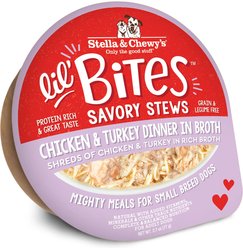 Stella & Chewy's Lil Bites Savory Stews Grain-Free Chicken & Turkey in Broth Flavored Shredded Small Breed Wet Dog Food, 2.7-oz cup, case of 12