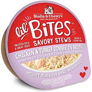 Stella & Chewy's Lil Bites Savory Stews Grain-Free Chicken & Turkey in Broth Flavored Shredded Small Breed Wet Dog Food, 2.7-oz cup, case of 12