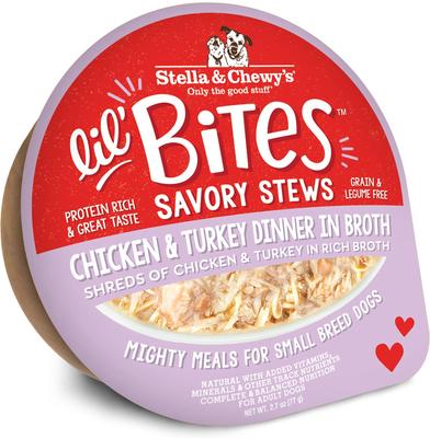 Show full view: Stella & Chewy's Lil Bites Savory Stews Grain-Free Chicken & Turkey in Broth Flavored Shredded Small Breed Wet Dog Food, 2.7-oz cup, case of 12 slide 1 of 10