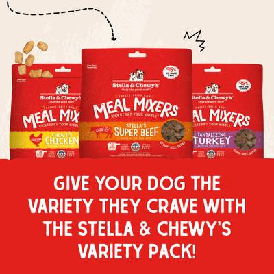 Show full view: Stella & Chewy's Meal Mixers Super Beef, Chewy's Chicken & Tantalizing Turkey Grain-Free Adult Freeze-Dried Raw Dog Food Topper, 8-oz bag, pack of 3 slide 5 of 9