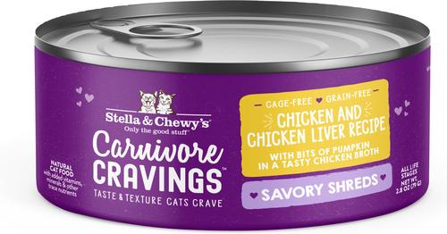 Show full view: Stella & Chewy's Savory Shreds Chicken & Chicken Liver Flavored Shredded Wet Cat Food, 2.8-oz can, case of 24 slide 1 of 10