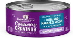 Stella & Chewy's Savory Shreds Tuna & Mackerel Flavored Shredded Wet Cat Food, 2.8-oz can, case of 24