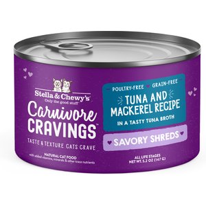 Stella & Chewy's Savory Shreds Tuna & Mackerel Flavored Shredded Wet Cat Food, 5.2-oz can, case of 24