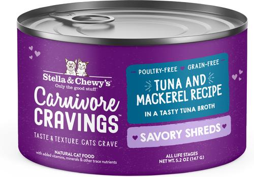 Show full view: Stella & Chewy's Savory Shreds Tuna & Mackerel Flavored Shredded Wet Cat Food, 5.2-oz can, case of 24 slide 1 of 9