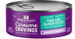 Stella & Chewy's Savory Shreds Tuna & Salmon Flavored Shredded Wet Cat Food, 2.8-oz can, case of 24