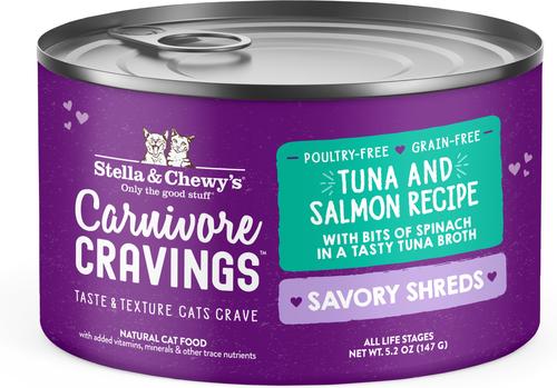 Show full view: Stella & Chewy's Savory Shreds Tuna & Salmon Flavored Shredded Wet Cat Food, 5.2-oz can, case of 24 slide 1 of 8