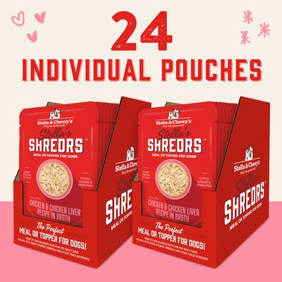 Show full view: Stella & Chewy's Stella’s Shredrs Cage Free Chicken & Chicken Liver Recipe in Broth Adult Wet Dog Food, 2.8-oz pouch, case of 24 slide 6 of 8