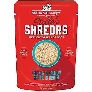 Stella & Chewy's Stella’s Shredrs Cage Free Chicken & Salmon Recipe in Broth Adult Wet Dog Food, 2.8-oz pouch, case of 24