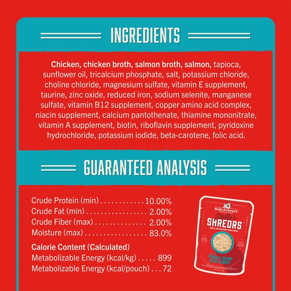 Stella & Chewy's Stella’s Shredrs Cage Free Chicken & Salmon Recipe in Broth Adult Wet Dog Food, 2.8-oz pouch, case of 24