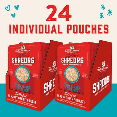 Show full view: Stella & Chewy's Stella’s Shredrs Cage Free Chicken & Salmon Recipe in Broth Adult Wet Dog Food, 2.8-oz pouch, case of 24 slide 6 of 8