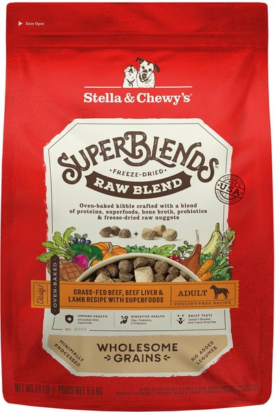 Stella & Chewy's SuperBlends Raw Coated Wholesome Grains Grass-Fed Beef, Beef Liver & Lamb Recipe with Superfoods Dry Dog Food