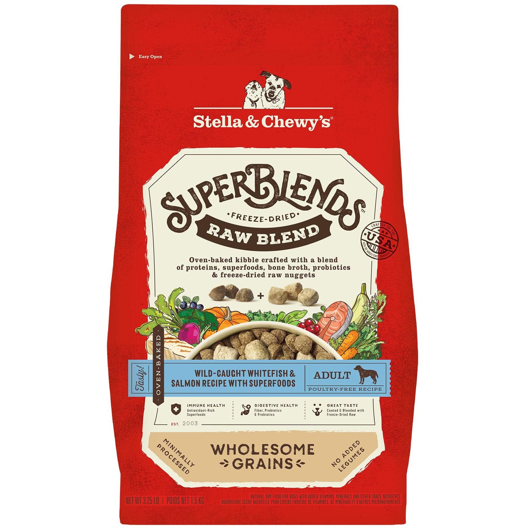 Stella & Chewy's SuperBlends Raw Blend Wholesome Grains Wild-Caught Whitefish & Salmon Recipe with Superfoods Dry Dog Food, 3.25-lb bag