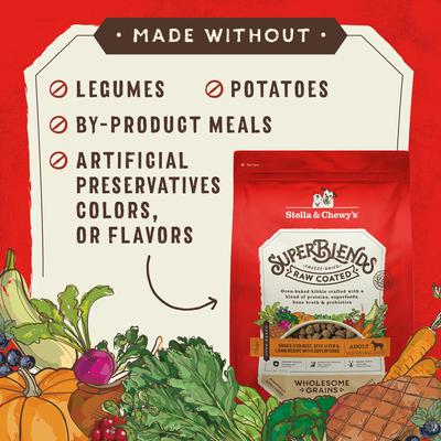 Show full view: Stella & Chewy's SuperBlends Raw Coated Wholesome Grains Grass-Fed Beef, Beef Liver & Lamb Recipe with Superfoods Dry Dog Food, 21-lb bag slide 6 of 11