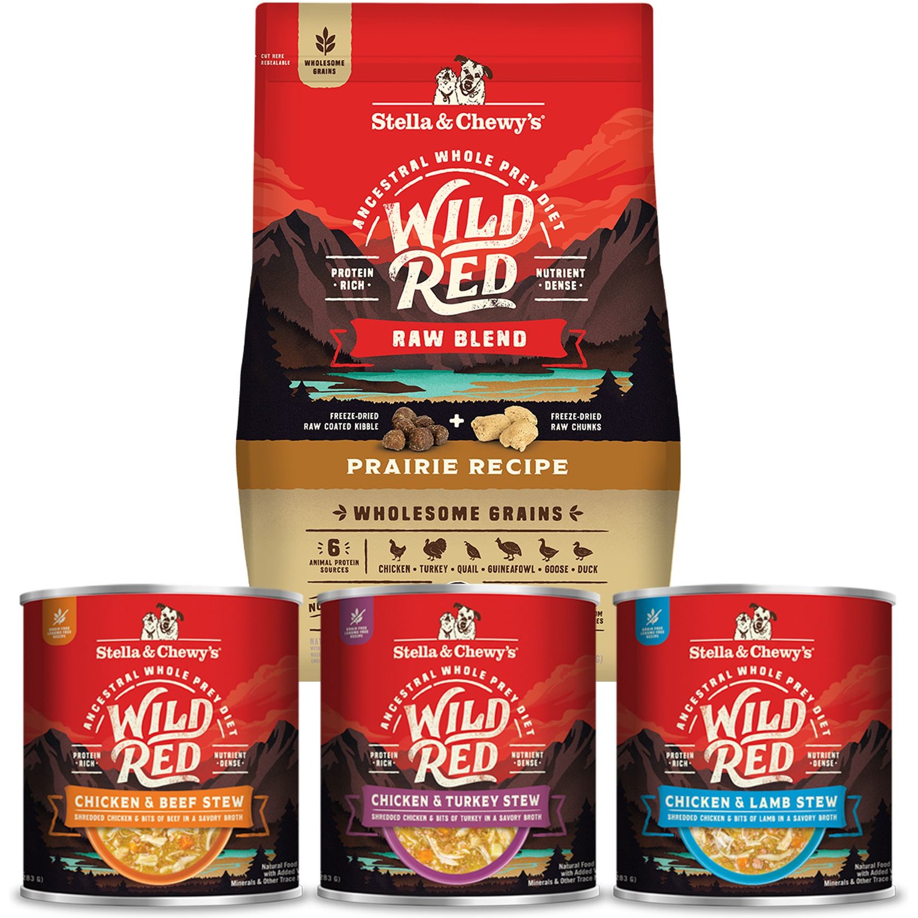 Stella & Chewy's Wild Red Raw Blend Kibble Wholesome Grains Prairie Recipe Dry Food + Wild Red Variety Pack Wet Dog Food