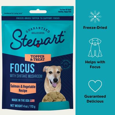 Show full view: Stewart Focus with Shiitake Mushroom, Salmon & Vegetable Recipe Limited-Ingredient Adult, Freeze-Dried Dog Treats, 4-oz pouch slide 5 of 6