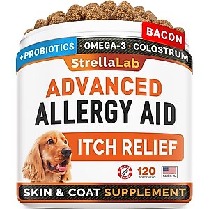StrellaLab Advanced Allergy Relief & Anti Itch Relief with Omega 3 Fish Oil & Probiotics Skin & Coat Chew Supplement, 120 count