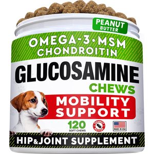 StrellaLab Glucosamine Chondroitin & Hip & Joint with Omegas 3 & Fish Oil Advanced Mobility Chew Supplement for Dogs, 120 count