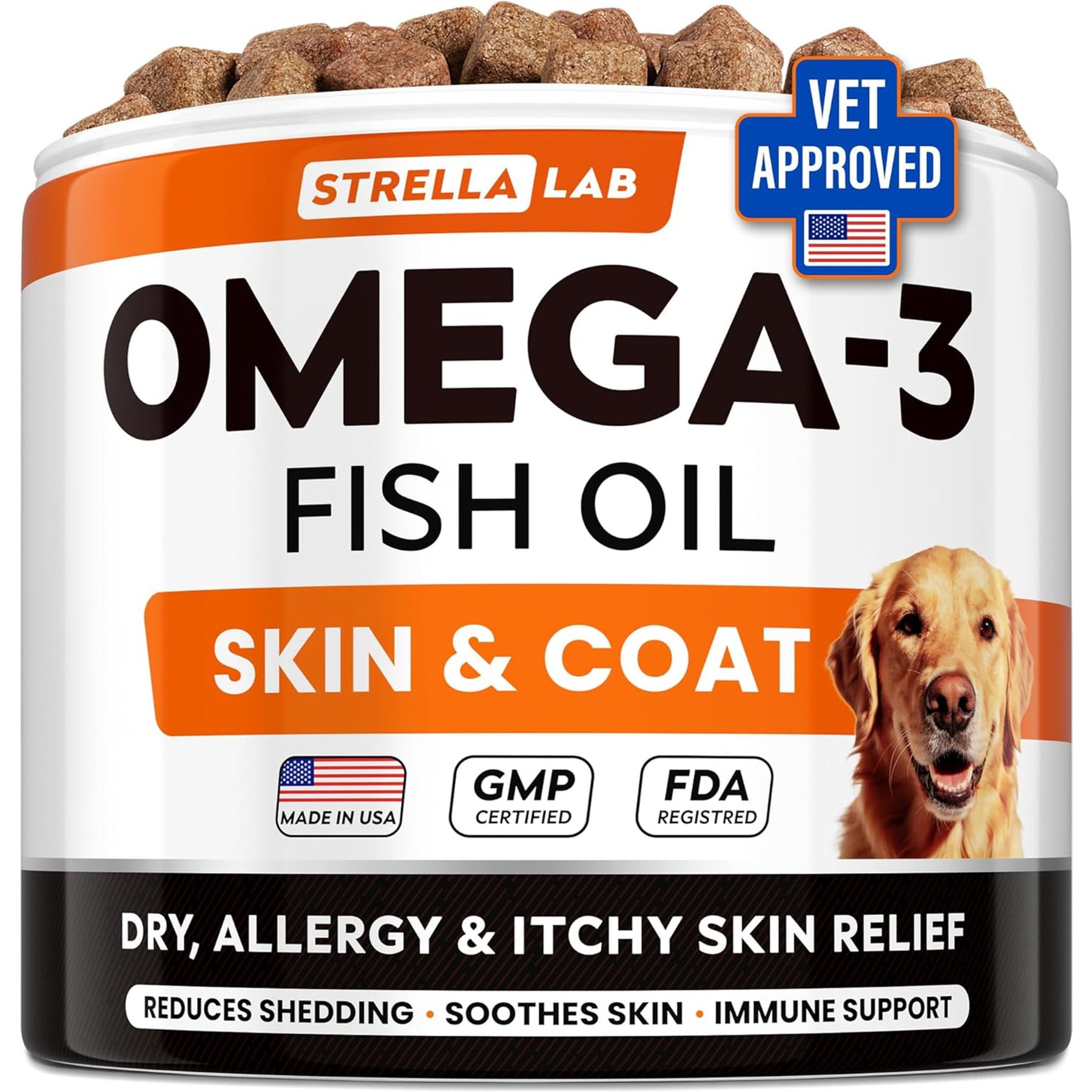 StrellaLab Salmon Oil Skin & Coat Chicken Flavored Soft Chews for Dogs with Omega-3 & 6, 180 count