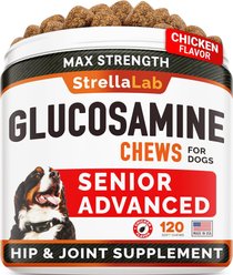 StrellaLab Senior Advanced Glucosamine Chondroitin Hip & Joint with Omega 3 & Fish Oil Chew Supplement for Dogs, 120 count