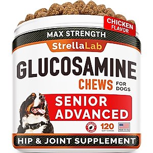 StrellaLab Senior Advanced Glucosamine Chondroitin Hip & Joint with Omega 3 & Fish Oil Chew Supplement for Dogs, 120 count