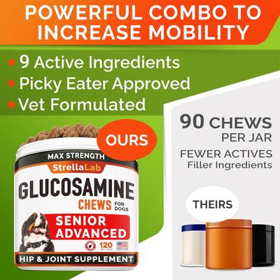 Show full view: StrellaLab Senior Advanced Glucosamine Chondroitin Hip & Joint with Omega 3 & Fish Oil Chew Supplement for Dogs, 120 count slide 5 of 9