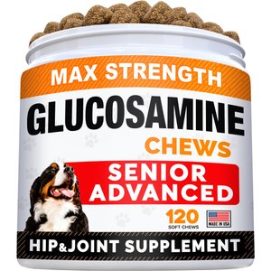StrellaLab Senior Advanced Glucosamine Chondroitin Hip & Joint with Omega 3 & Fish Oil Chew Supplement for Dogs, 120 count
