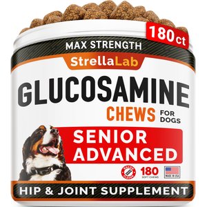 StrellaLab Senior Advanced Glucosamine Chondroitin Hip & Joint with Omega 3 & Fish Oil Chew Supplement for Dogs, 180 count