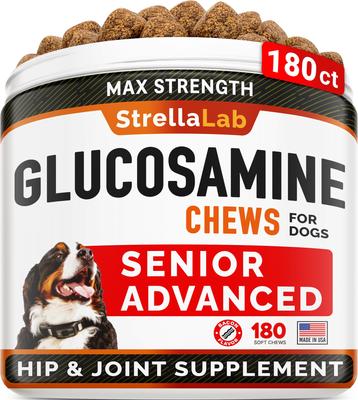 Show full view: StrellaLab Senior Advanced Glucosamine Chondroitin Hip & Joint with Omega 3 & Fish Oil Chew Supplement for Dogs, 180 count slide 1 of 9