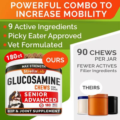 Show full view: StrellaLab Senior Advanced Glucosamine Chondroitin Hip & Joint with Omega 3 & Fish Oil Chew Supplement for Dogs, 180 count slide 5 of 9