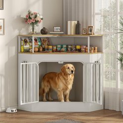 Suadism Furniture, Wooden Kennel TV Stand with Open Storage Shelf, Heavy‑Duty Metal Cage Dog Crate, 45.8 x 21.7 x 41.3-in, White