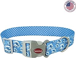 Sublime Adjustable Dog Collar, Blue Waves with Blue Checkers, Medium: 12-18-in neck, 1-in wide