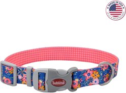 Sublime Adjustable Dog Collar, Pink & Orange Flowers on Navy, Medium: 12-18-in neck, 1-in wide