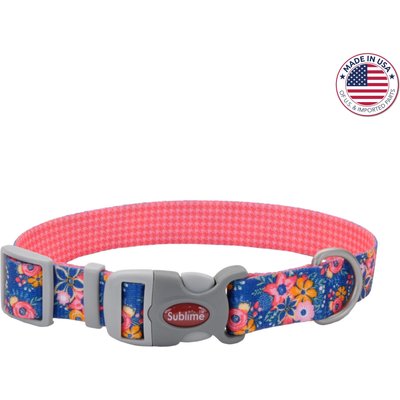 Sublime Sublime Adjustable Dog Collar, Pink & Orange Flowers on Navy, Medium: 12-18-in neck, 1-in wide