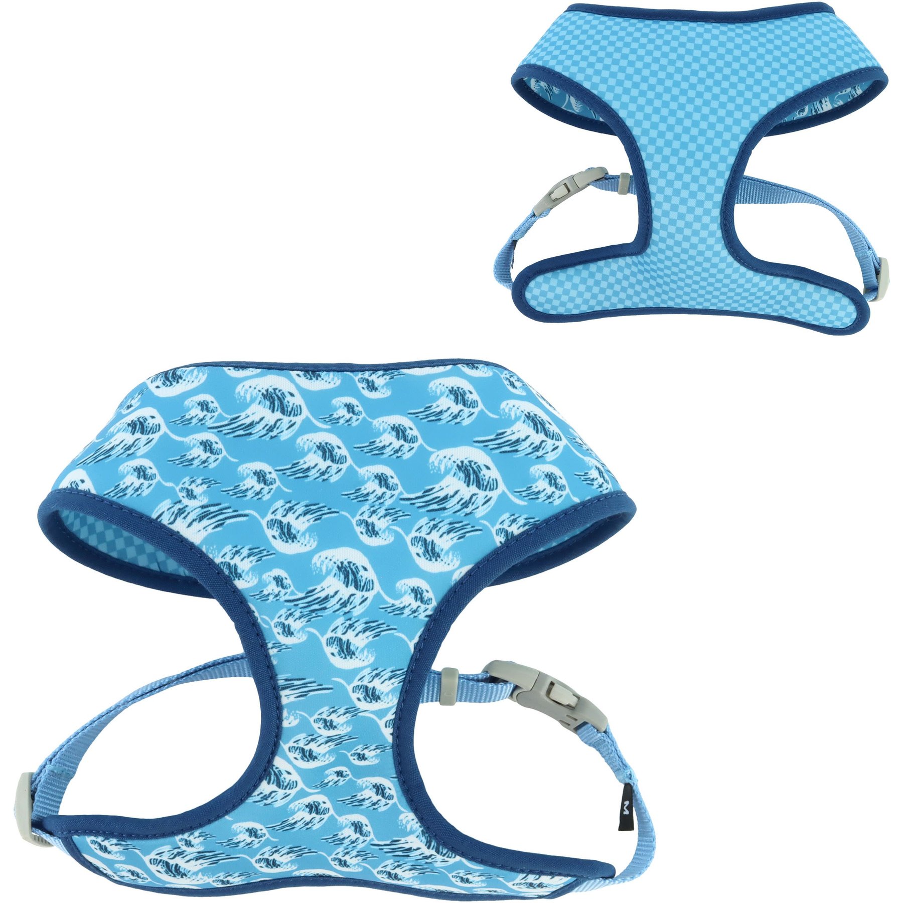 Sublime Reversible Dog Harness, Blue Waves with Blue Checkers, Medium: 20-29-in chest