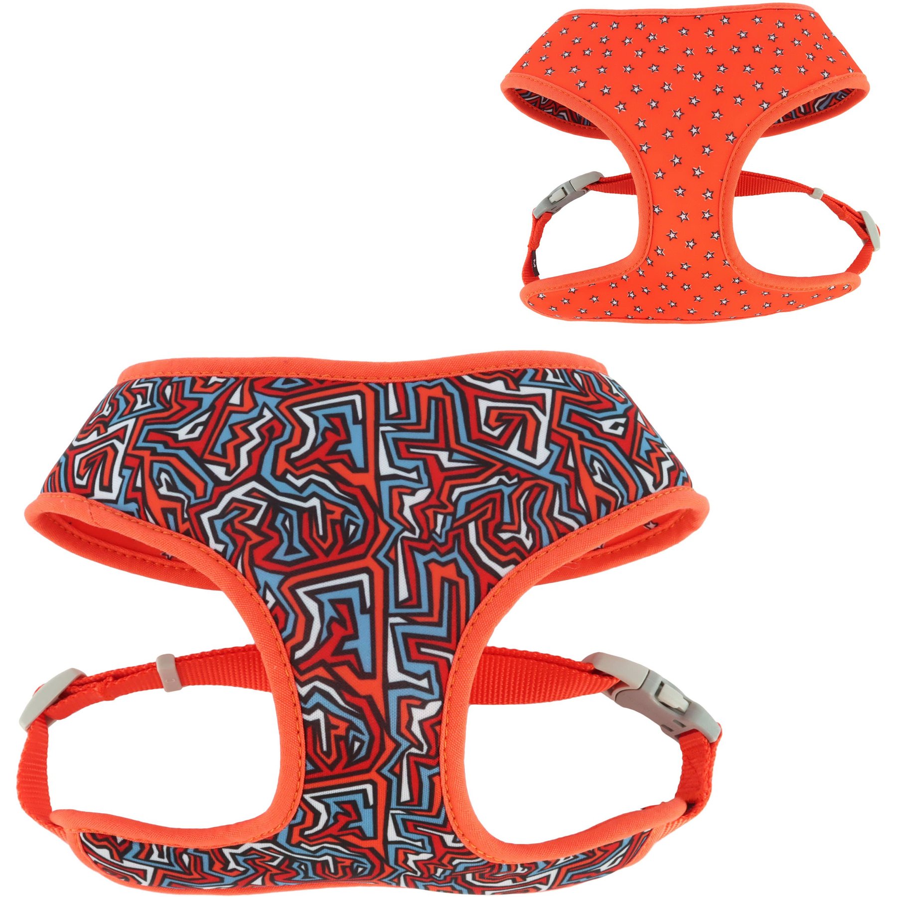 Sublime Reversible Dog Harness, Red Blue Graffitti with Red Stars, X-Small: 16-19-in chest