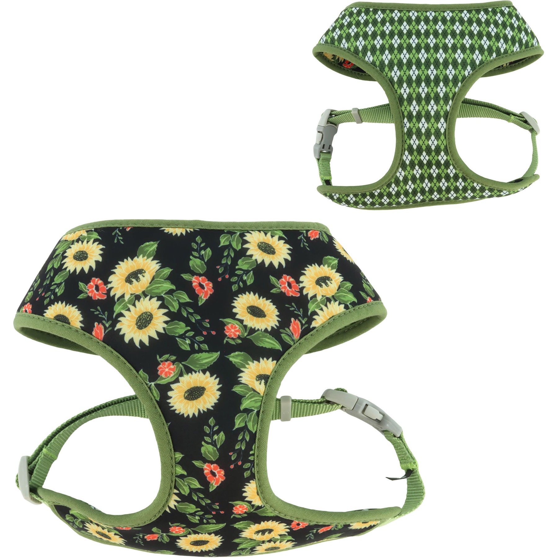 Sublime Reversible Dog Harness, Sunflower with Green Argyle, Medium: 20-29-in chest