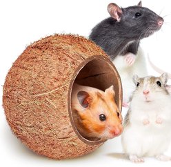 SunGrow Bedding & Sand Bath Container Cozy Hideout Coconut Hut Small-Pet Litter Box