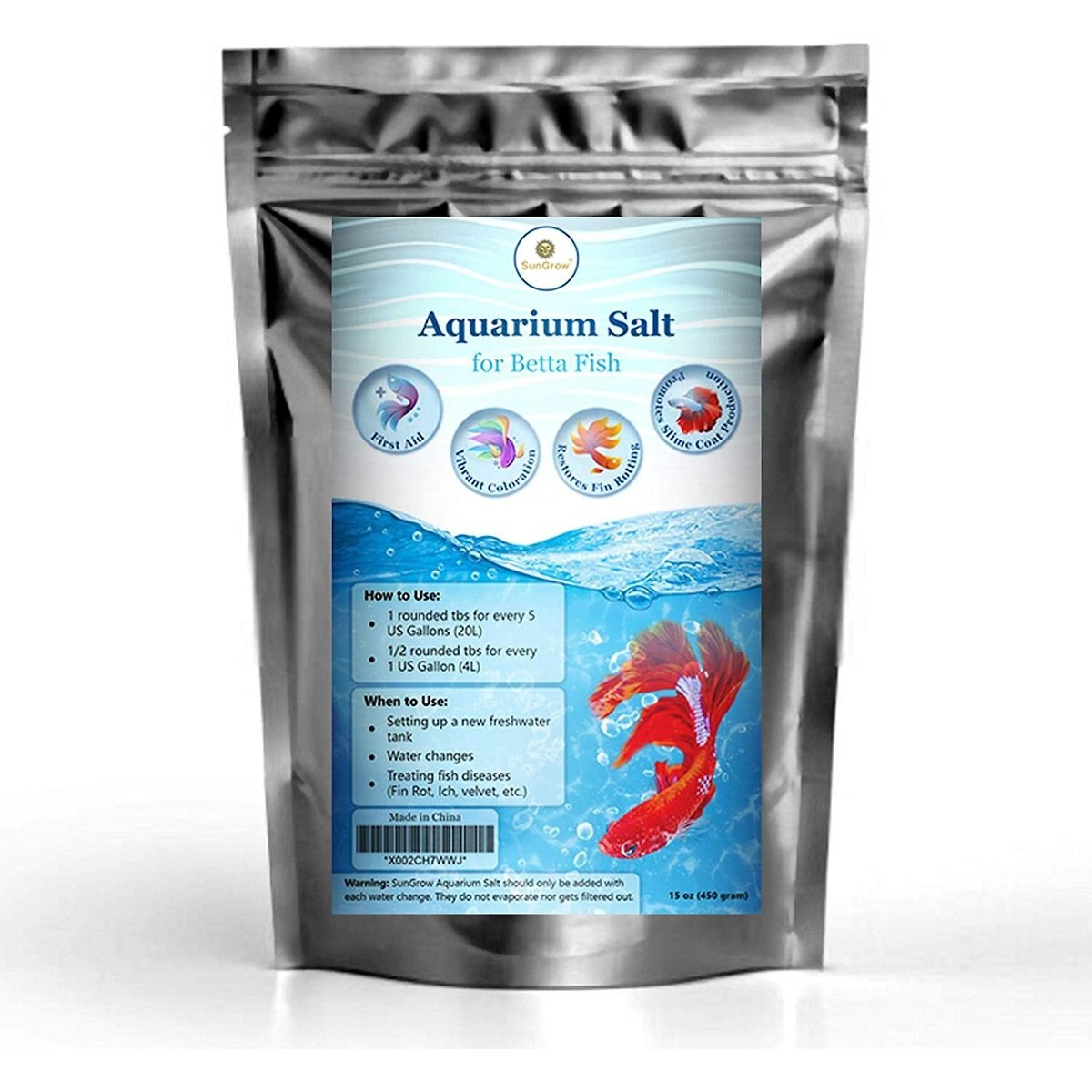 SunGrow Betta Fish Water Conditioner & Treatment Freshwater Fish Aquarium Salt, 16-oz bag