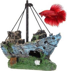 SunGrow Betta Shipwreck Resin Boat Aquarium Ornament & Fish Tank Decor